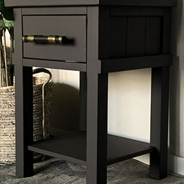 Furniture painted in Midnight Brew wall paint – moody dark brown-charcoal finish