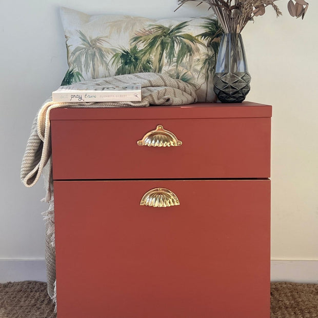 Filing cabinet painted in Autumn Rust chalk paint – earthy burnt orange finish