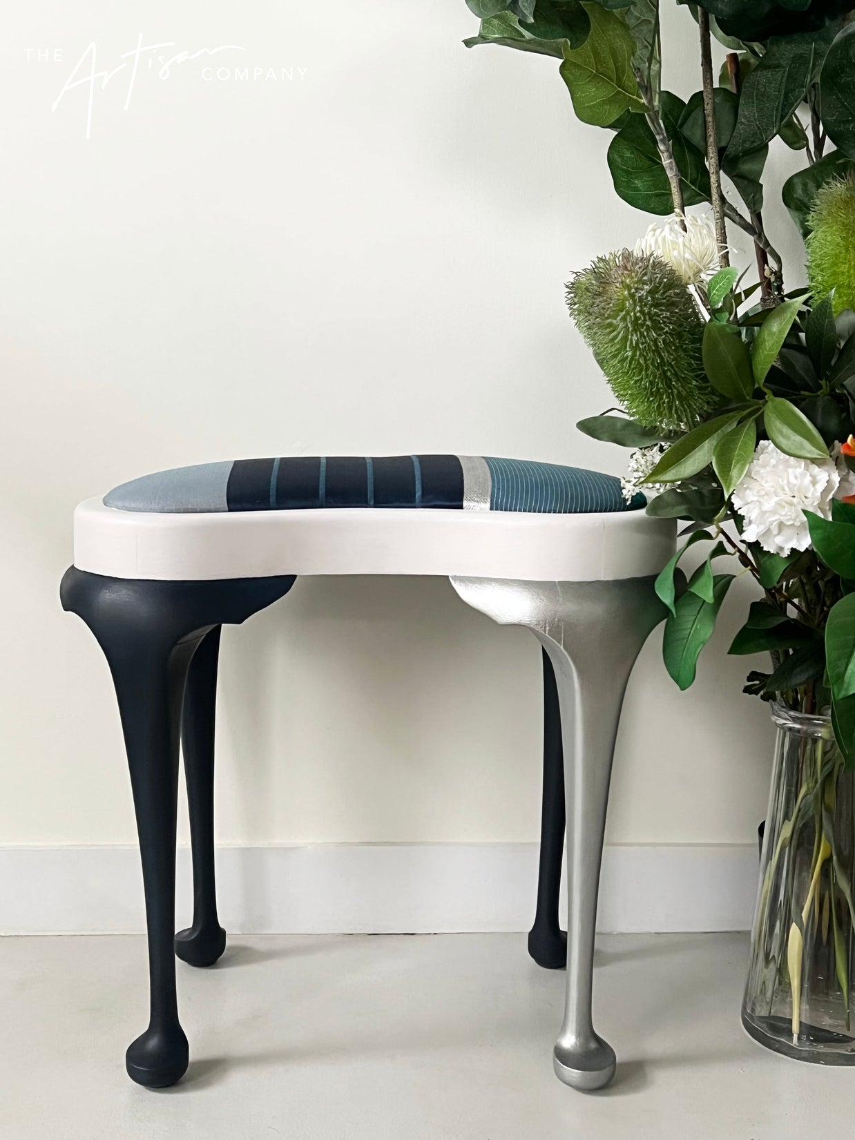 Not For Sale - Stool with Coastal Vibes in Artisan Velvet Luxe and Premium Chalk Paint - with painted fabric