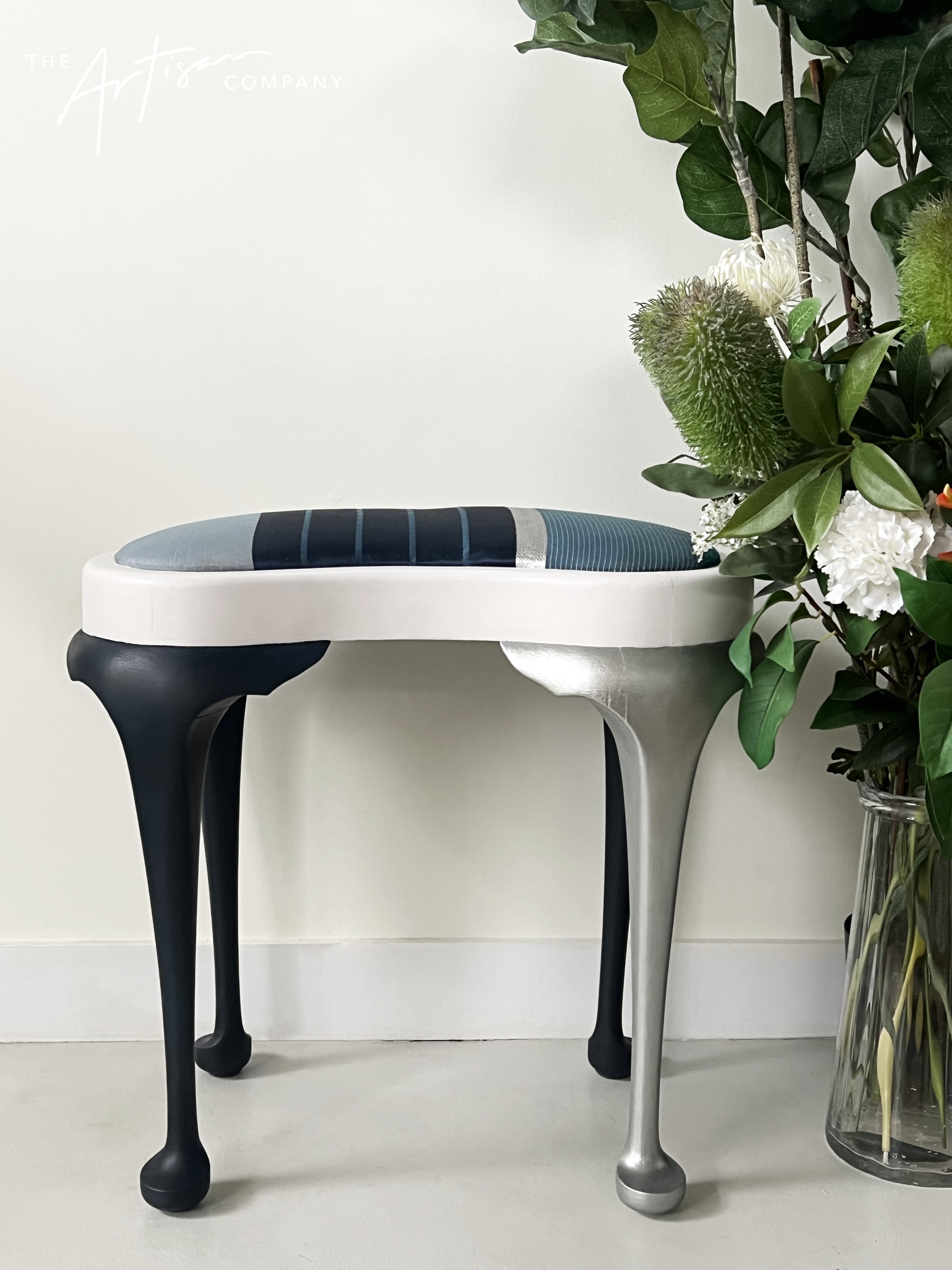 Not For Sale - Stool with Coastal Vibes in Artisan Velvet Luxe and Premium Chalk Paint - with painted fabric