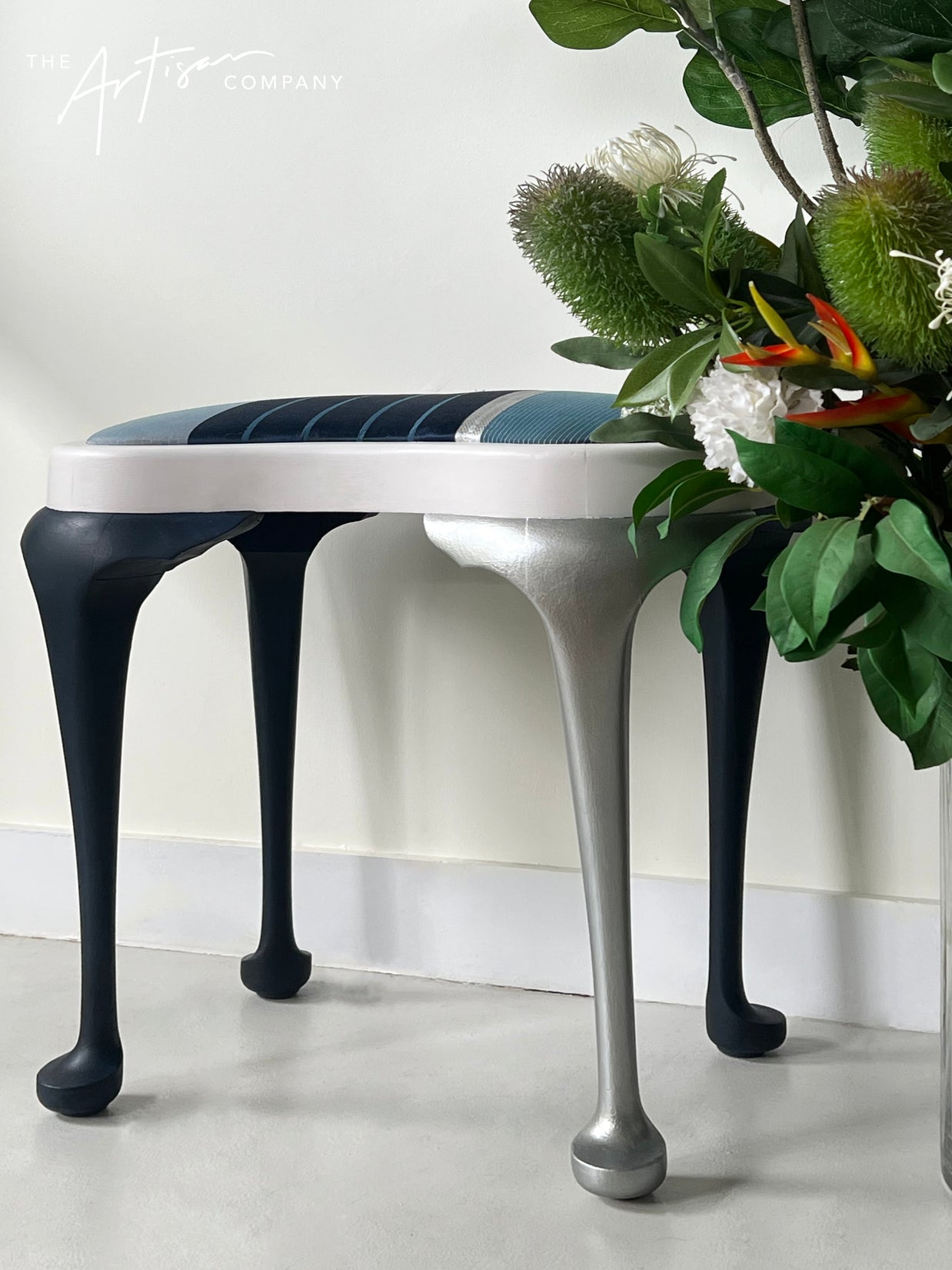 Not For Sale - Stool with Coastal Vibes in Artisan Velvet Luxe and Premium Chalk Paint - with painted fabric
