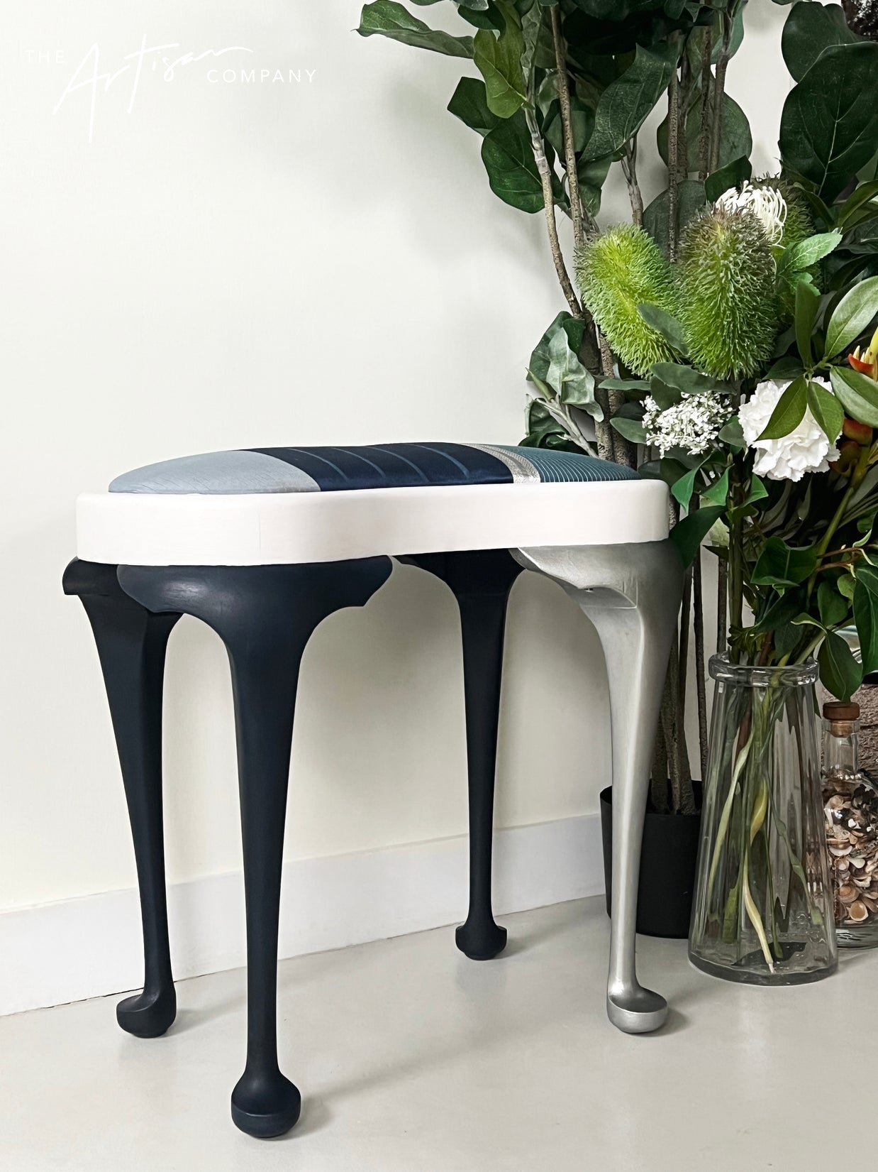 Not For Sale - Stool with Coastal Vibes in Artisan Velvet Luxe and Premium Chalk Paint - with painted fabric