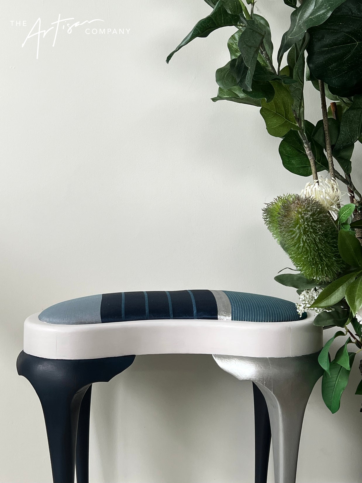 Not For Sale - Stool with Coastal Vibes in Artisan Velvet Luxe and Premium Chalk Paint - with painted fabric
