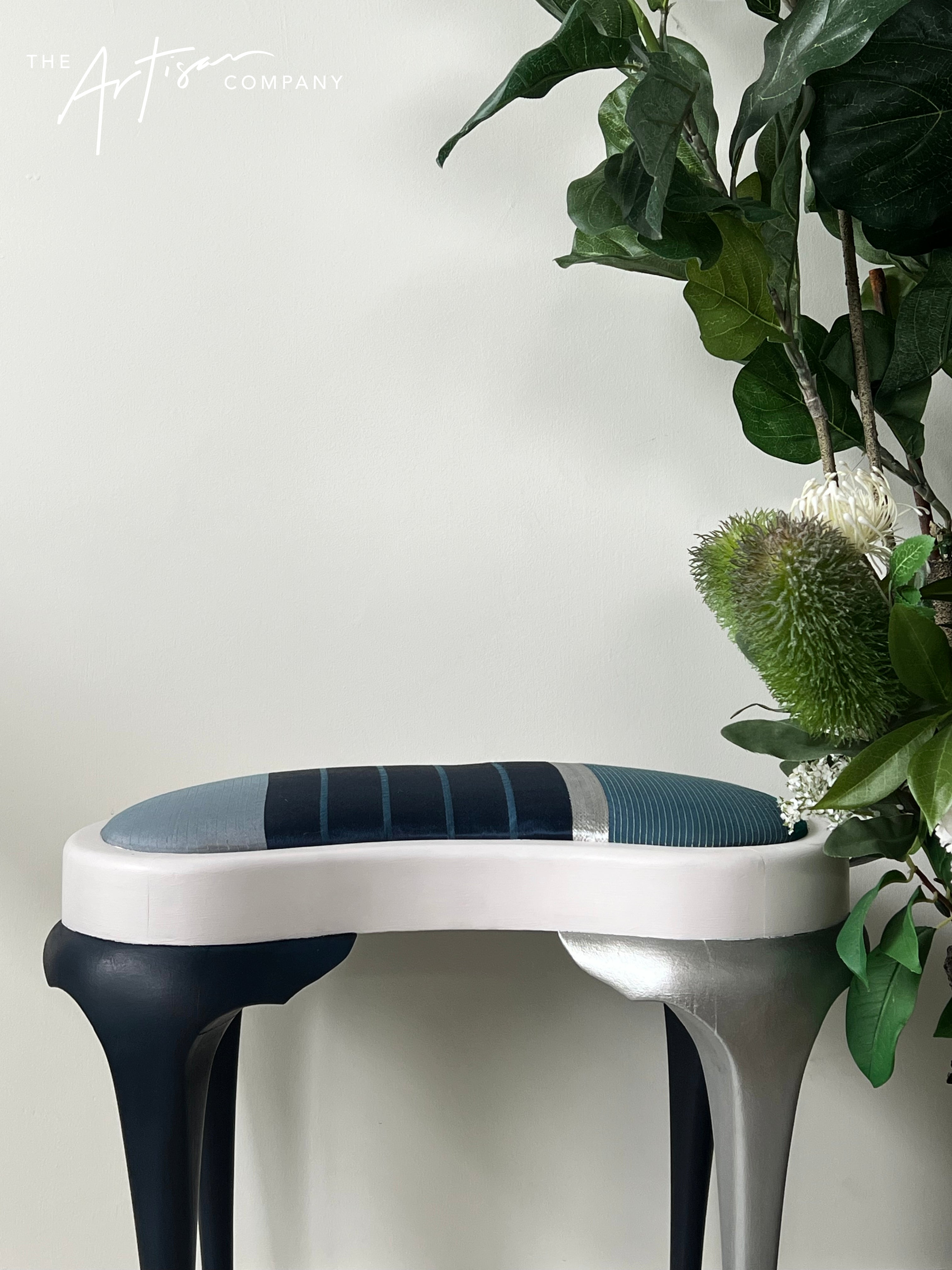 Not For Sale - Stool with Coastal Vibes in Artisan Velvet Luxe and Premium Chalk Paint - with painted fabric