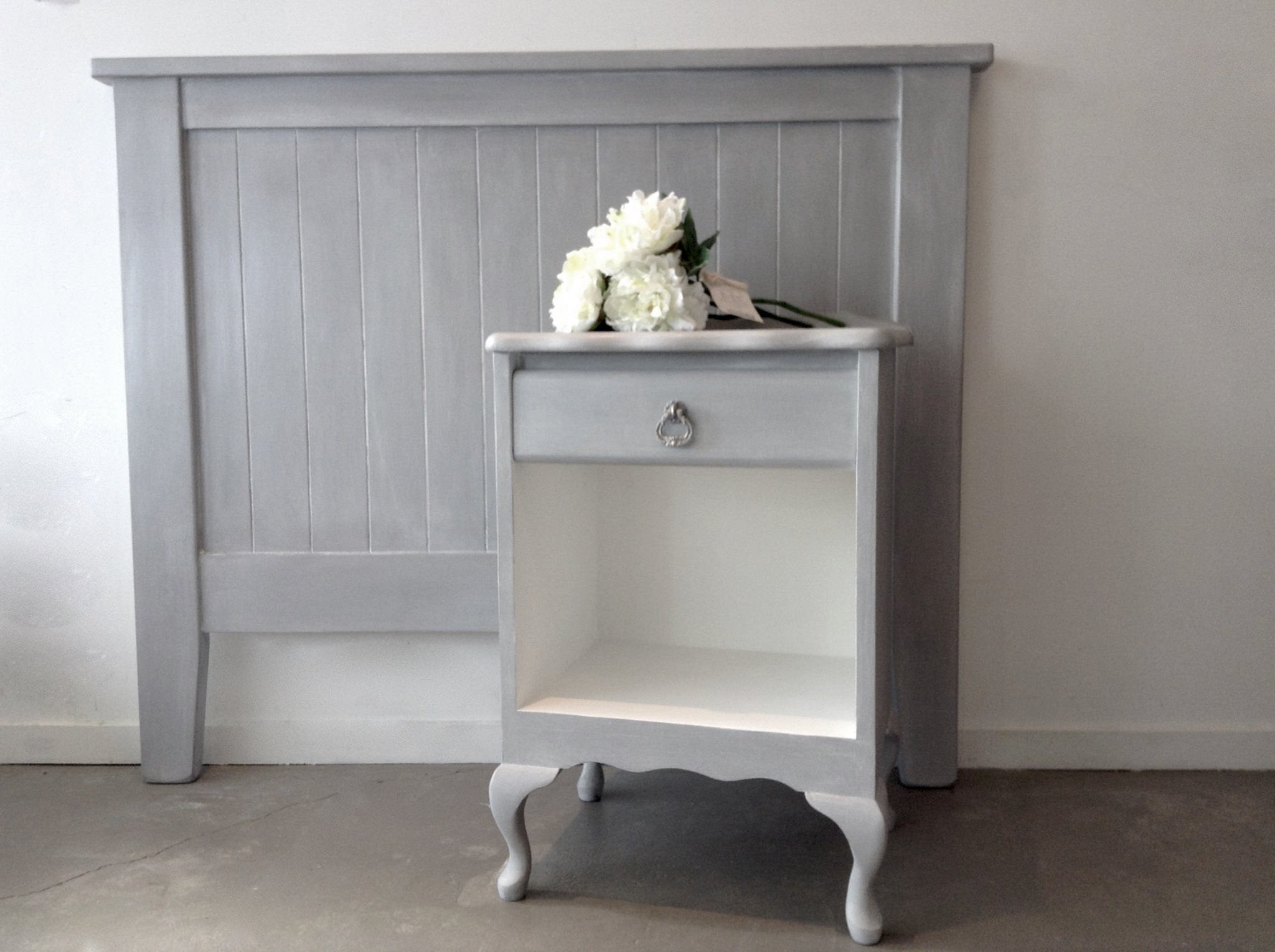 Not For Sale - Bedside & Headboard - Paris grey with a White wash