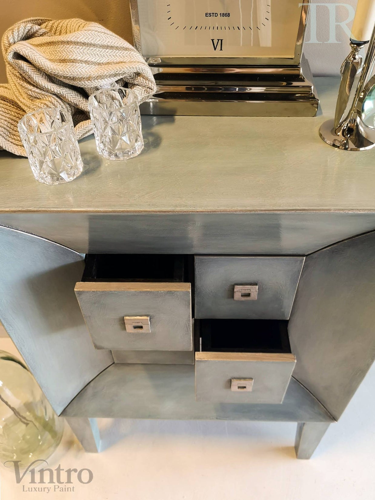 Not For Sale - Commissioned Drawers in layered blues with a subtle black glaze