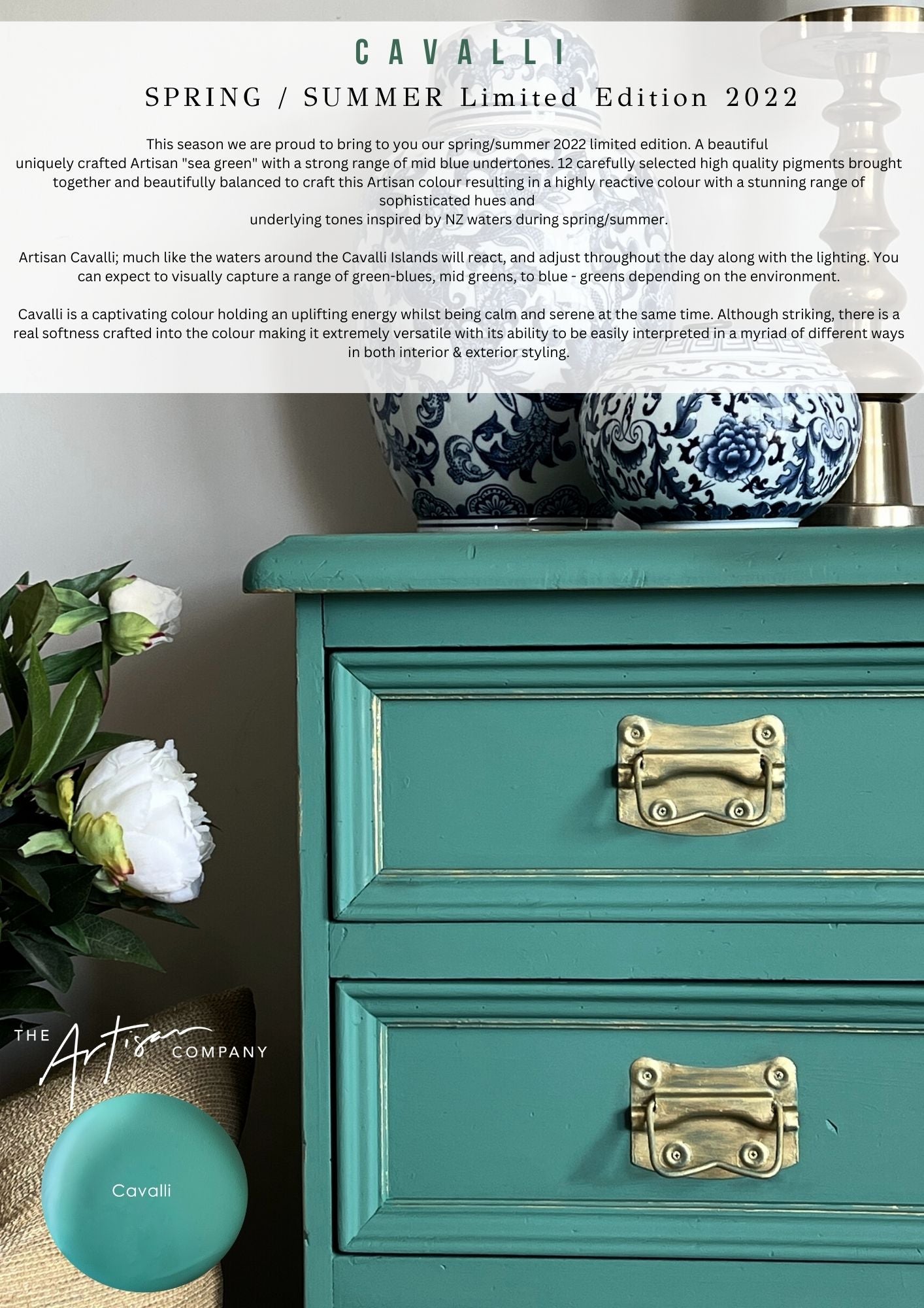 Furniture painted in Cavalli Velvet Luxe – soft blue-green artisan ton