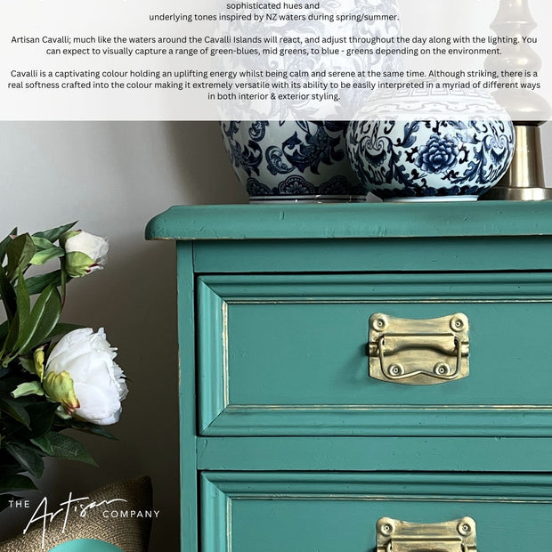 Upcycled piece featuring Cavalli chalk paint – vibrant sea green finish
