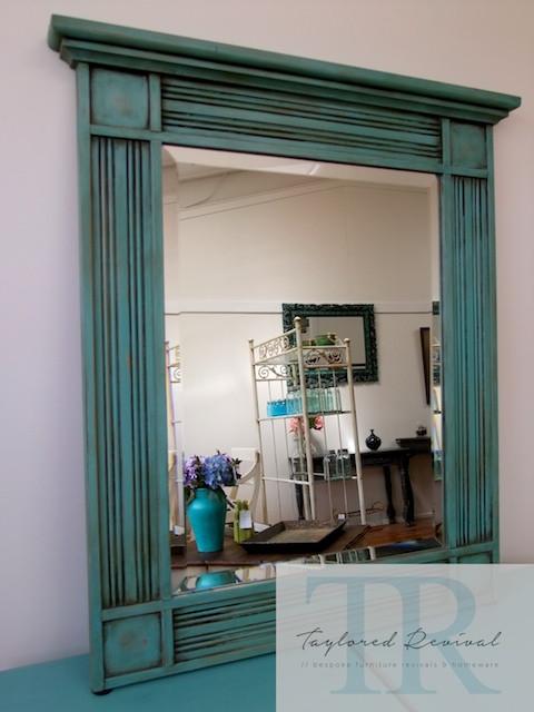 Not For Sale - Angelique: Solid wood mirror with bevelled edge in turquoise green