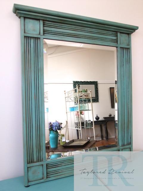 Not For Sale - Angelique: Solid wood mirror with bevelled edge in turquoise green