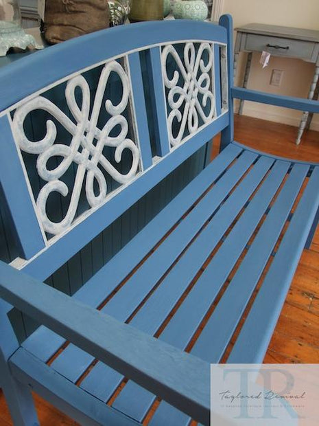 Not For Sale - Becky: Hand painted blue  wooden garden bench with white detailing