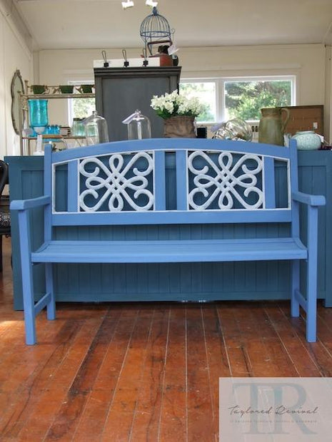 Not For Sale - Becky: Hand painted blue  wooden garden bench with white detailing