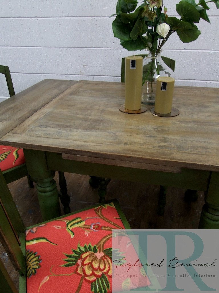 Not For Sale - Commissioned Bespoke Dining Suite in Antibes Green with natural rustic top