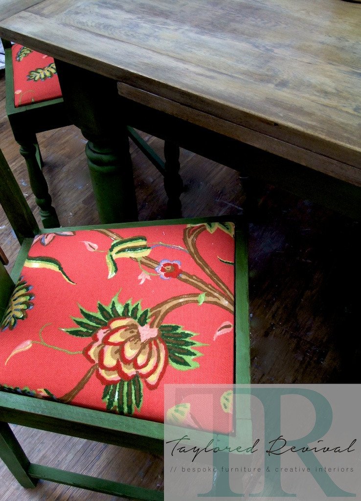 Not For Sale - Commissioned Bespoke Dining Suite in Antibes Green with natural rustic top