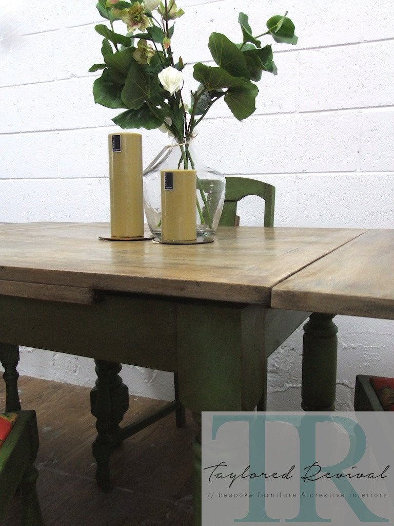 Not For Sale - Commissioned Bespoke Dining Suite in Antibes Green with natural rustic top