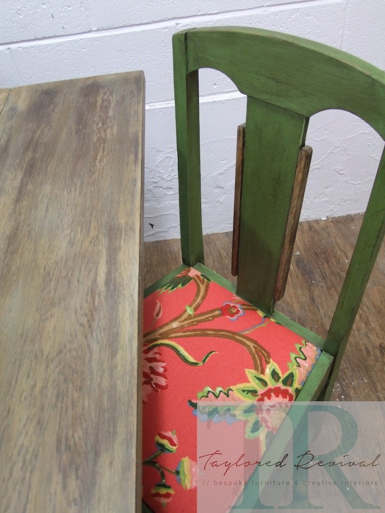 Not For Sale - Commissioned Bespoke Dining Suite in Antibes Green with natural rustic top