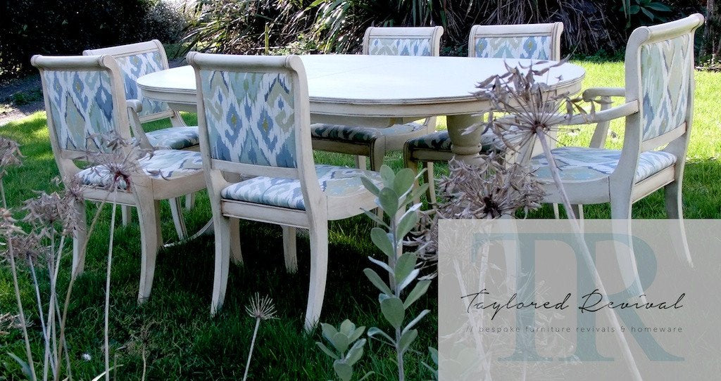 Not For Sale - Commissioned Dining Suite in Old White with Ikaat textile