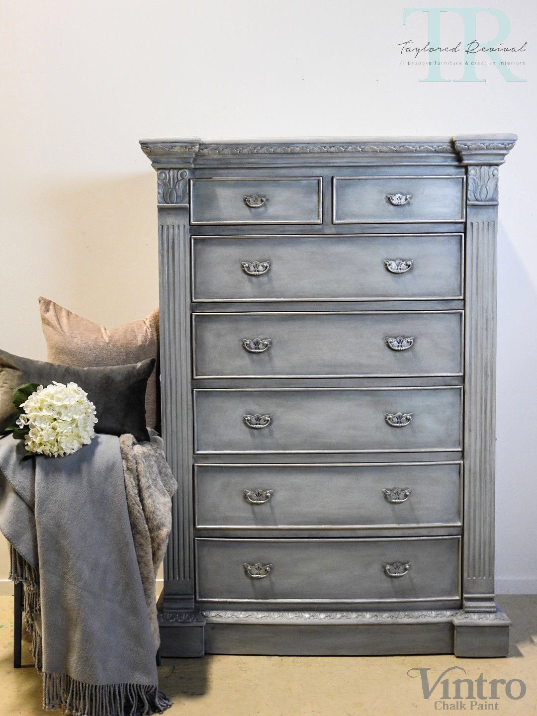 Not For Sale - Veronica: 7 Drawer Pillar chest in Dove with layered Blues and Silver detailing