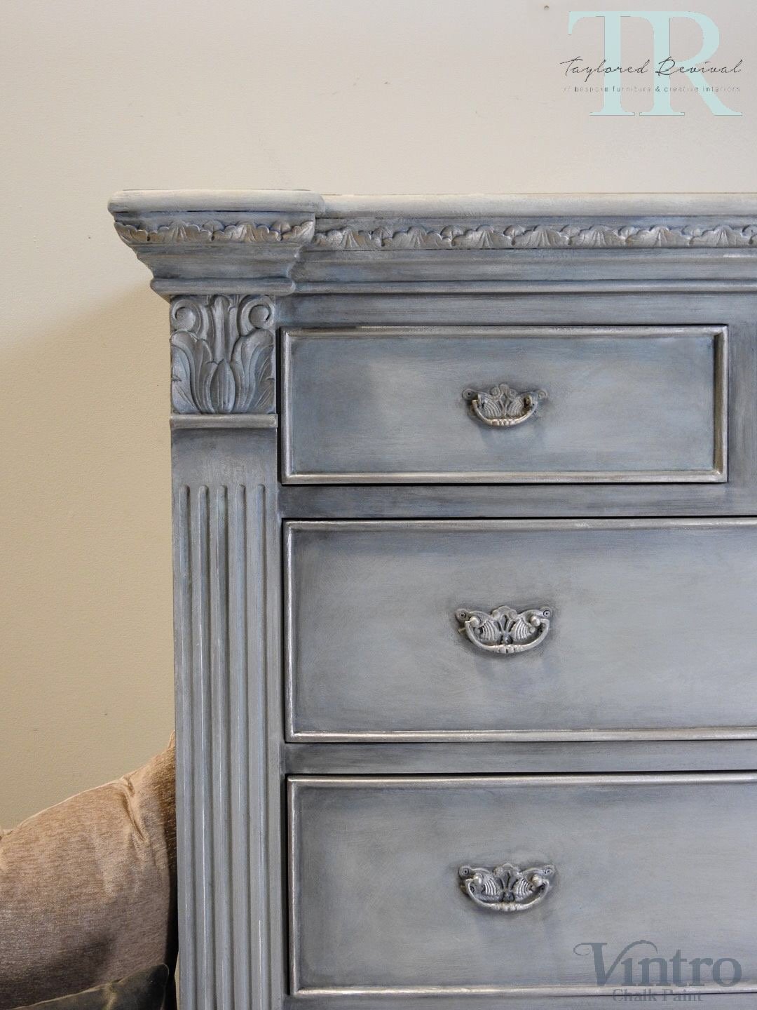Not For Sale - Veronica: 7 Drawer Pillar chest in Dove with layered Blues and Silver detailing