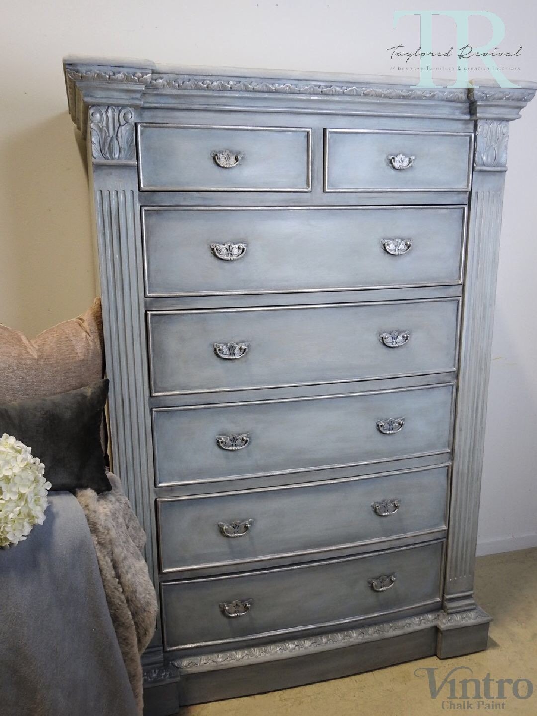 Not For Sale - Veronica: 7 Drawer Pillar chest in Dove with layered Blues and Silver detailing