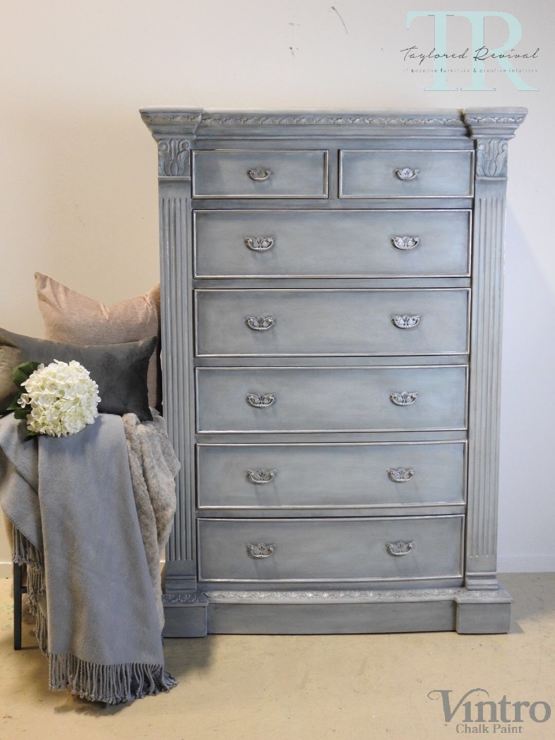 Not For Sale - Veronica: 7 Drawer Pillar chest in Dove with layered Blues and Silver detailing