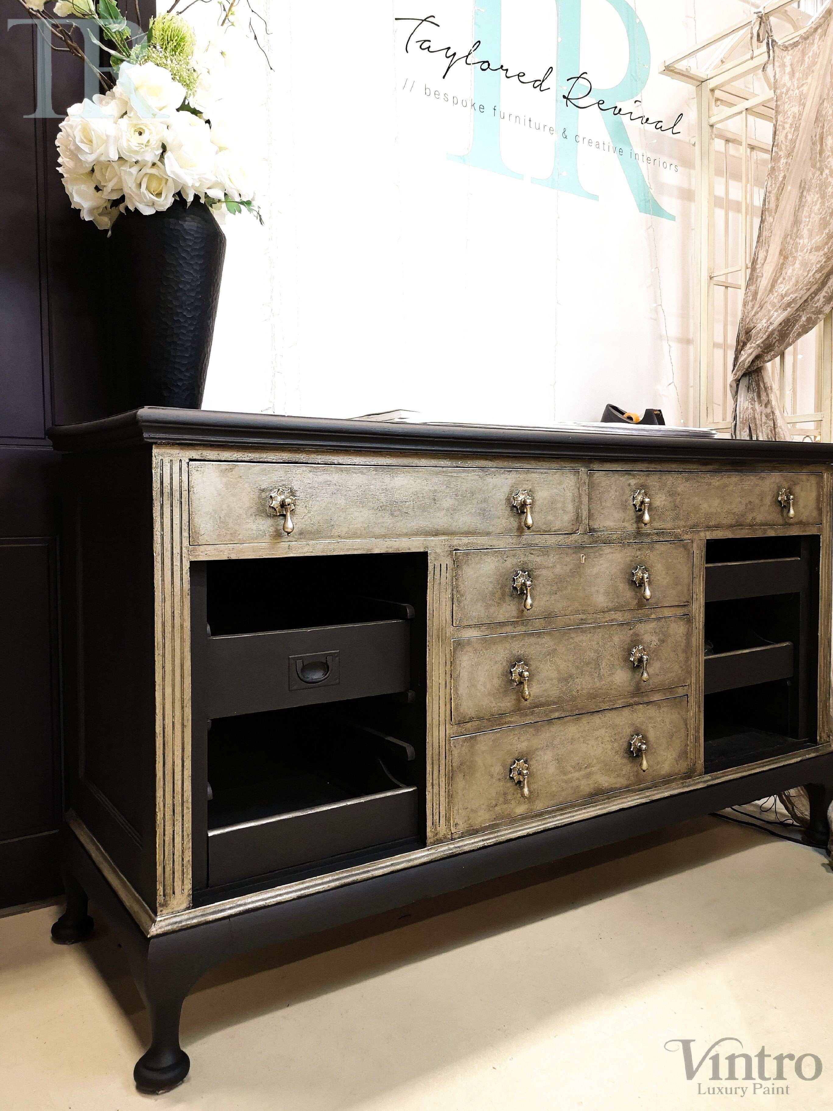 Not For Sale - TR Service counter in Victorian Black No Seal  Paint with textured & aged Champagne Gold front.
