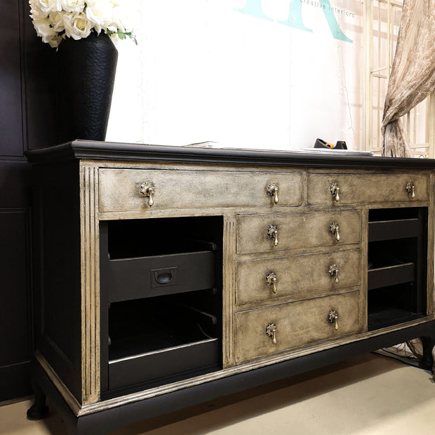 Not For Sale - TR Service counter in Victorian Black No Seal  Paint with textured & aged Champagne Gold front.