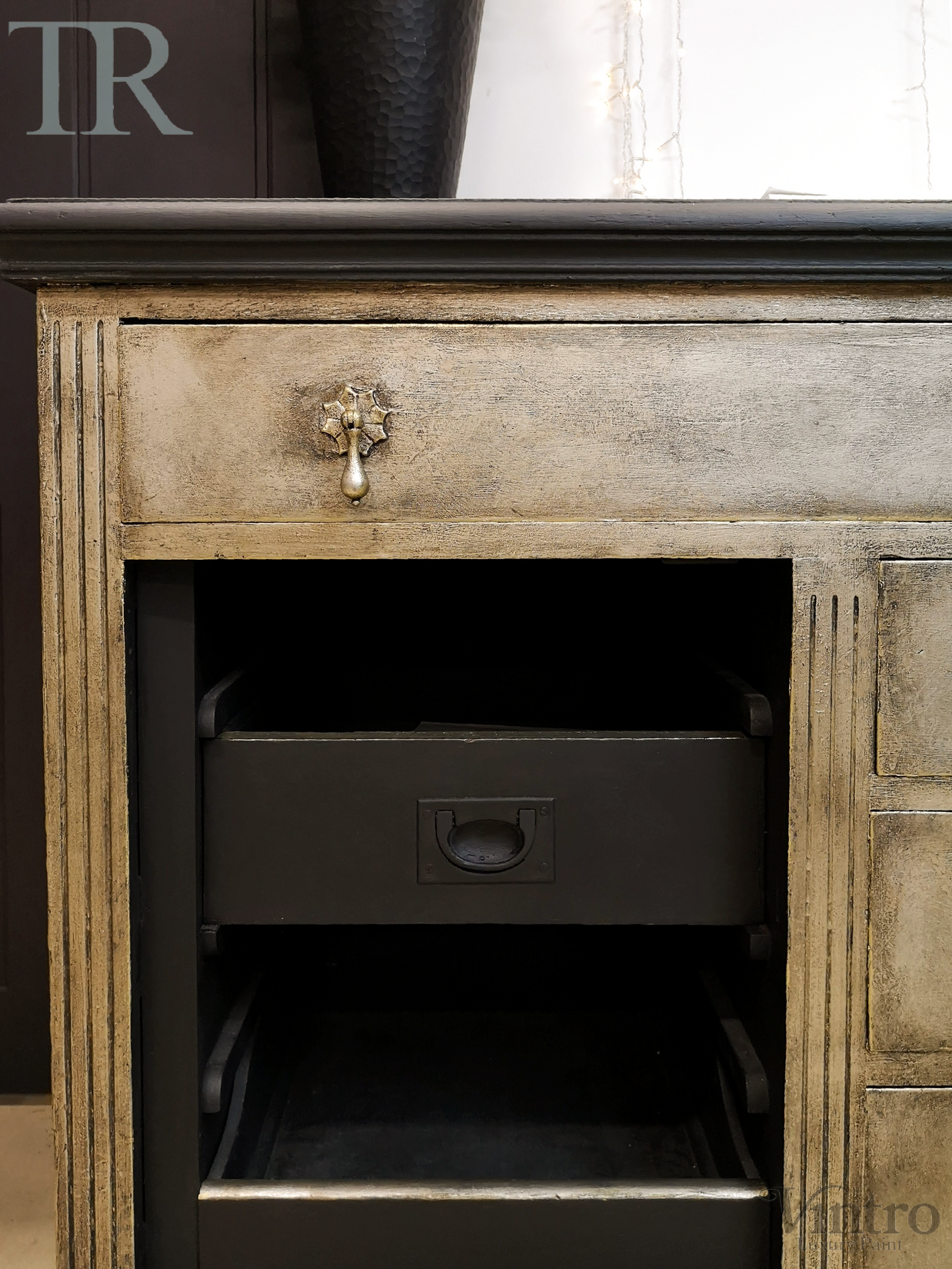Not For Sale - TR Service counter in Victorian Black No Seal  Paint with textured & aged Champagne Gold front.