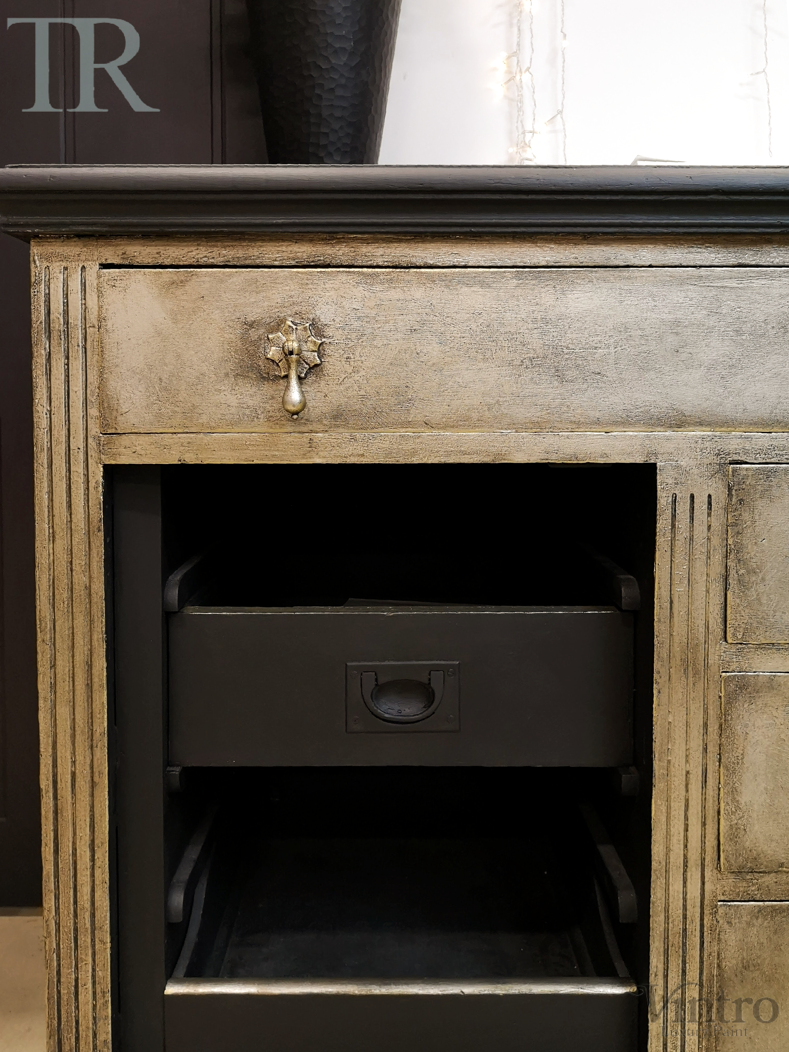 Not For Sale - TR Service counter in Victorian Black No Seal  Paint with textured & aged Champagne Gold front.