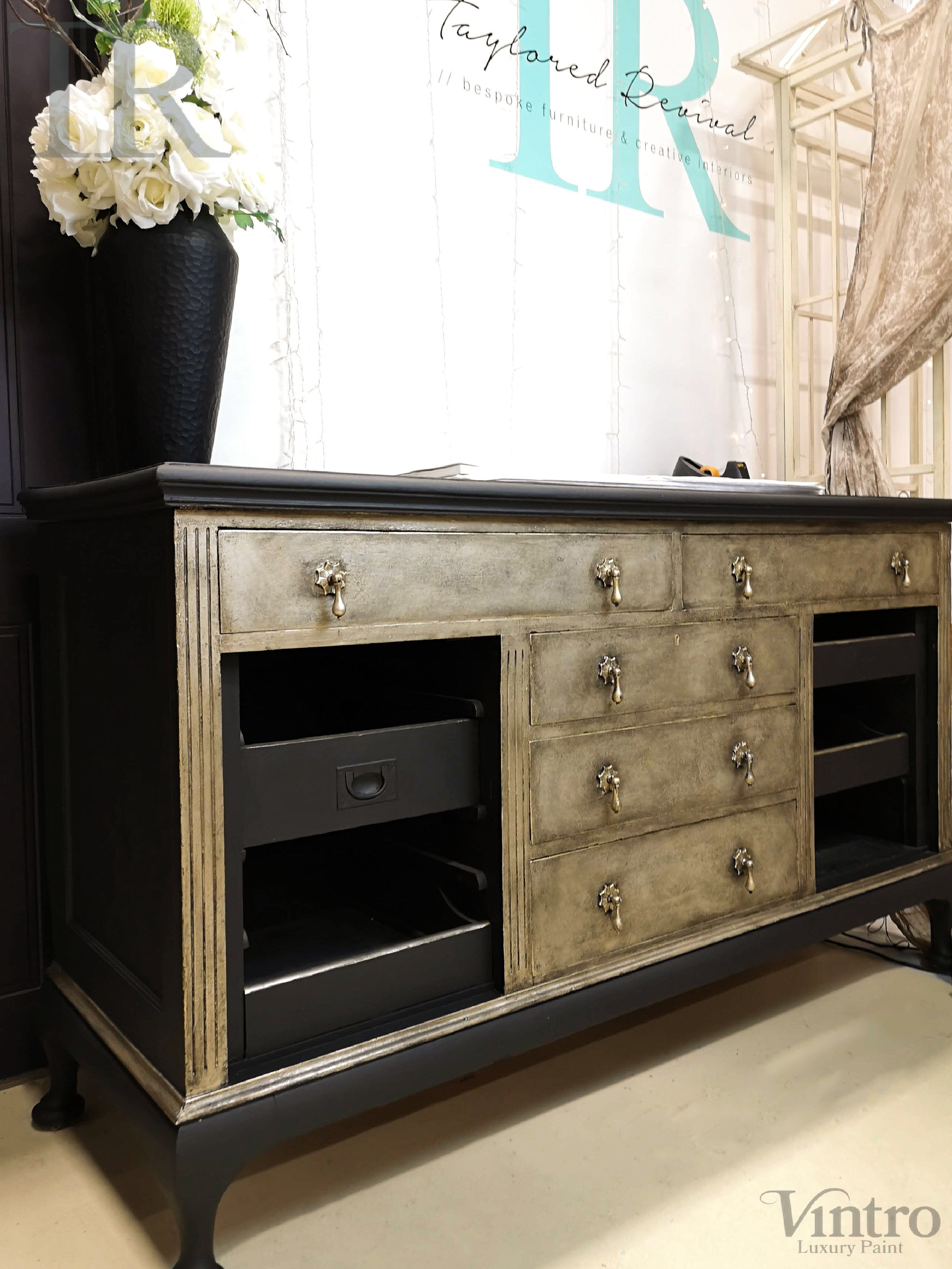 Not For Sale - TR Service counter in Victorian Black No Seal  Paint with textured & aged Champagne Gold front.