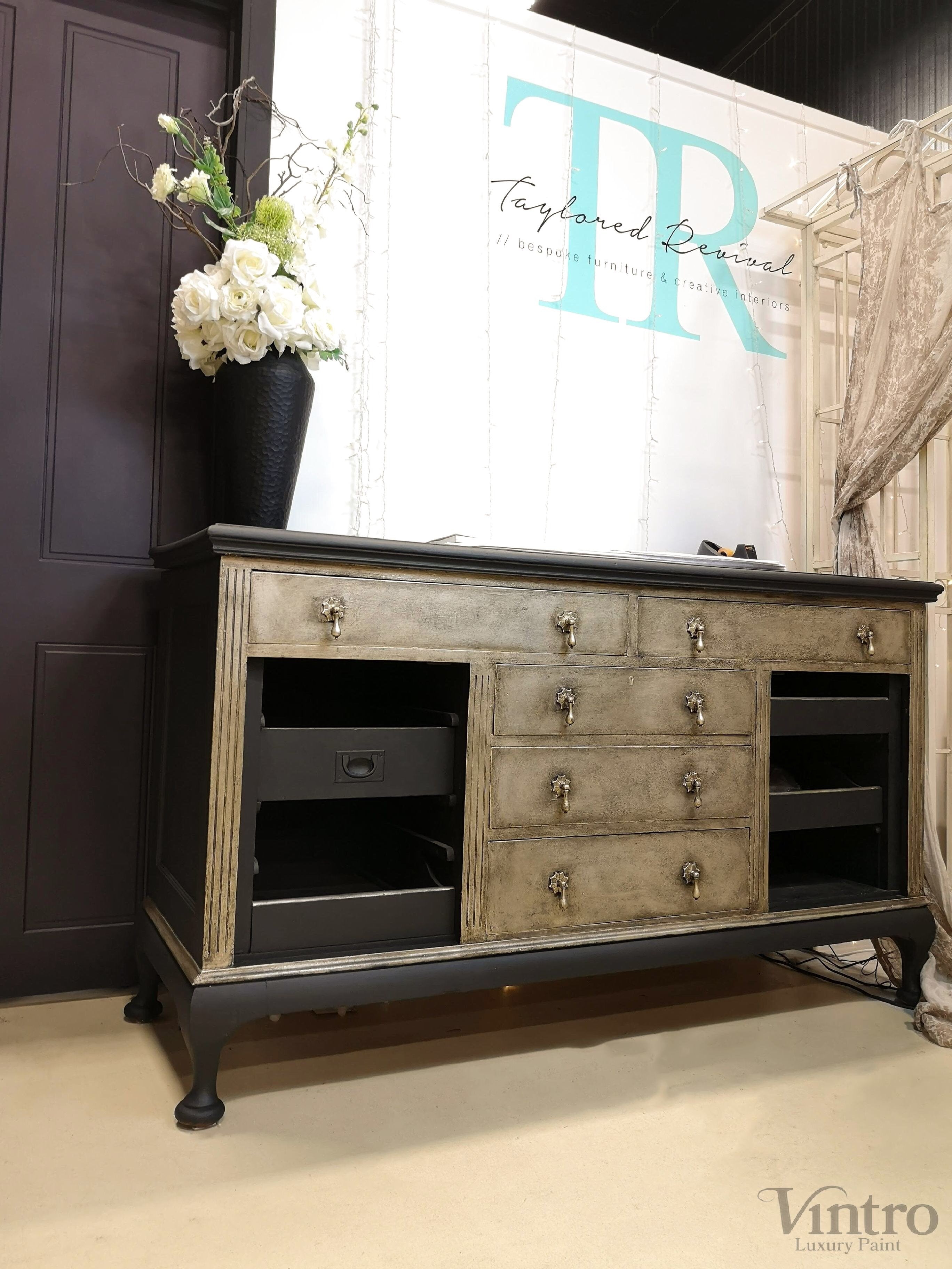 Not For Sale - TR Service counter in Victorian Black No Seal  Paint with textured & aged Champagne Gold front.