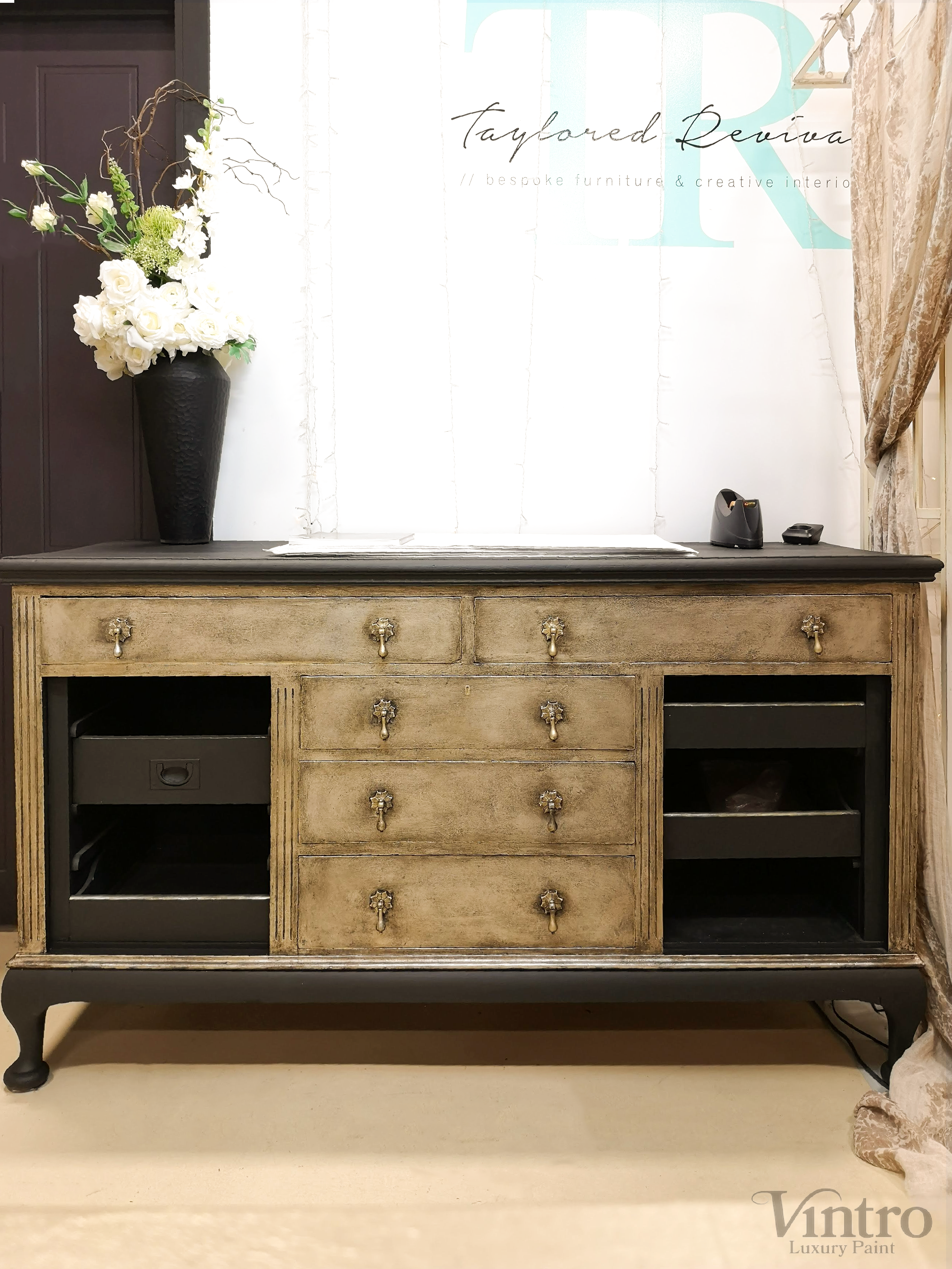 Not For Sale - TR Service counter in Victorian Black No Seal  Paint with textured & aged Champagne Gold front.