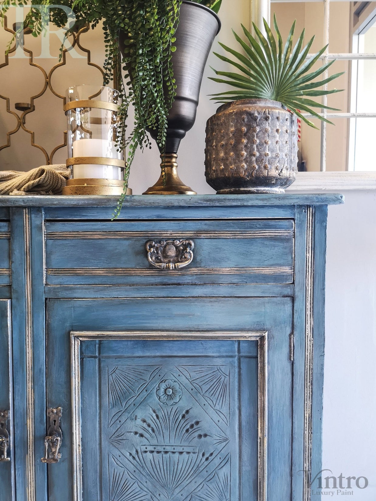Not For Sale - Delta: Hand painted & glazed Blue Lacquered sideboard