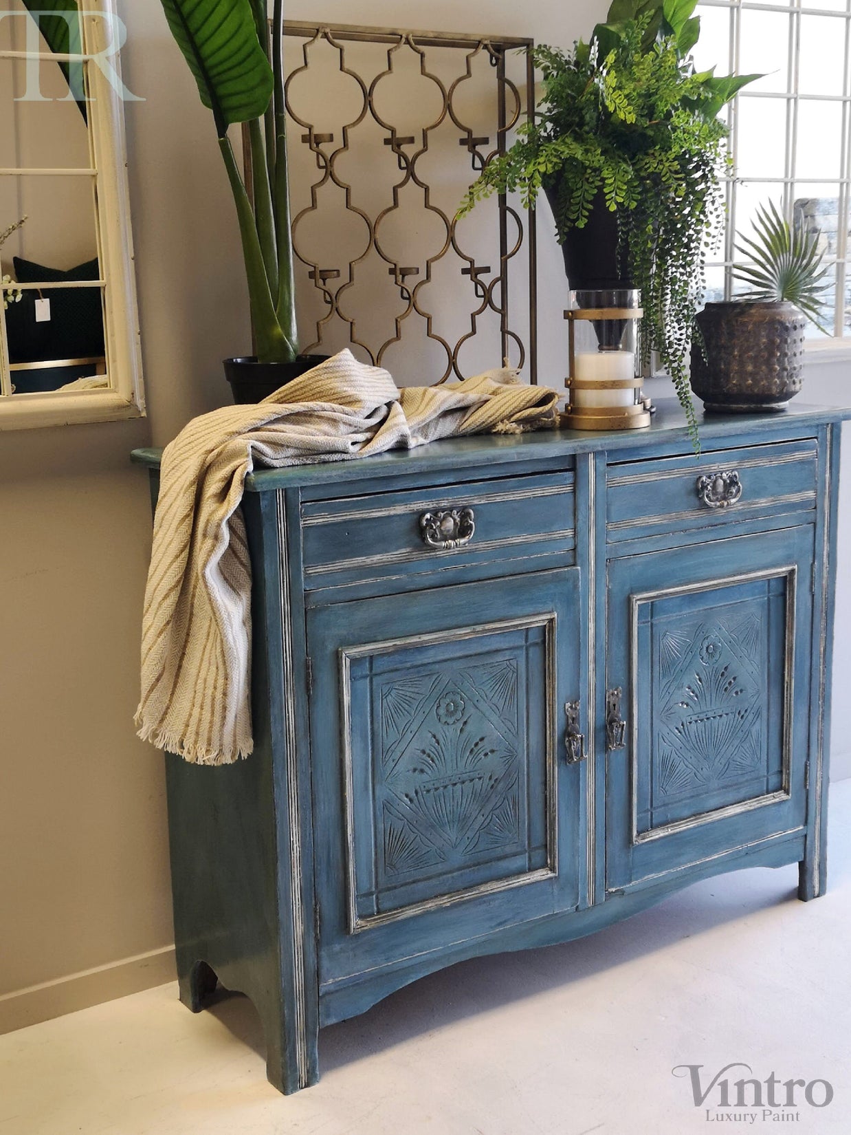 Not For Sale - Delta: Hand painted & glazed Blue Lacquered sideboard