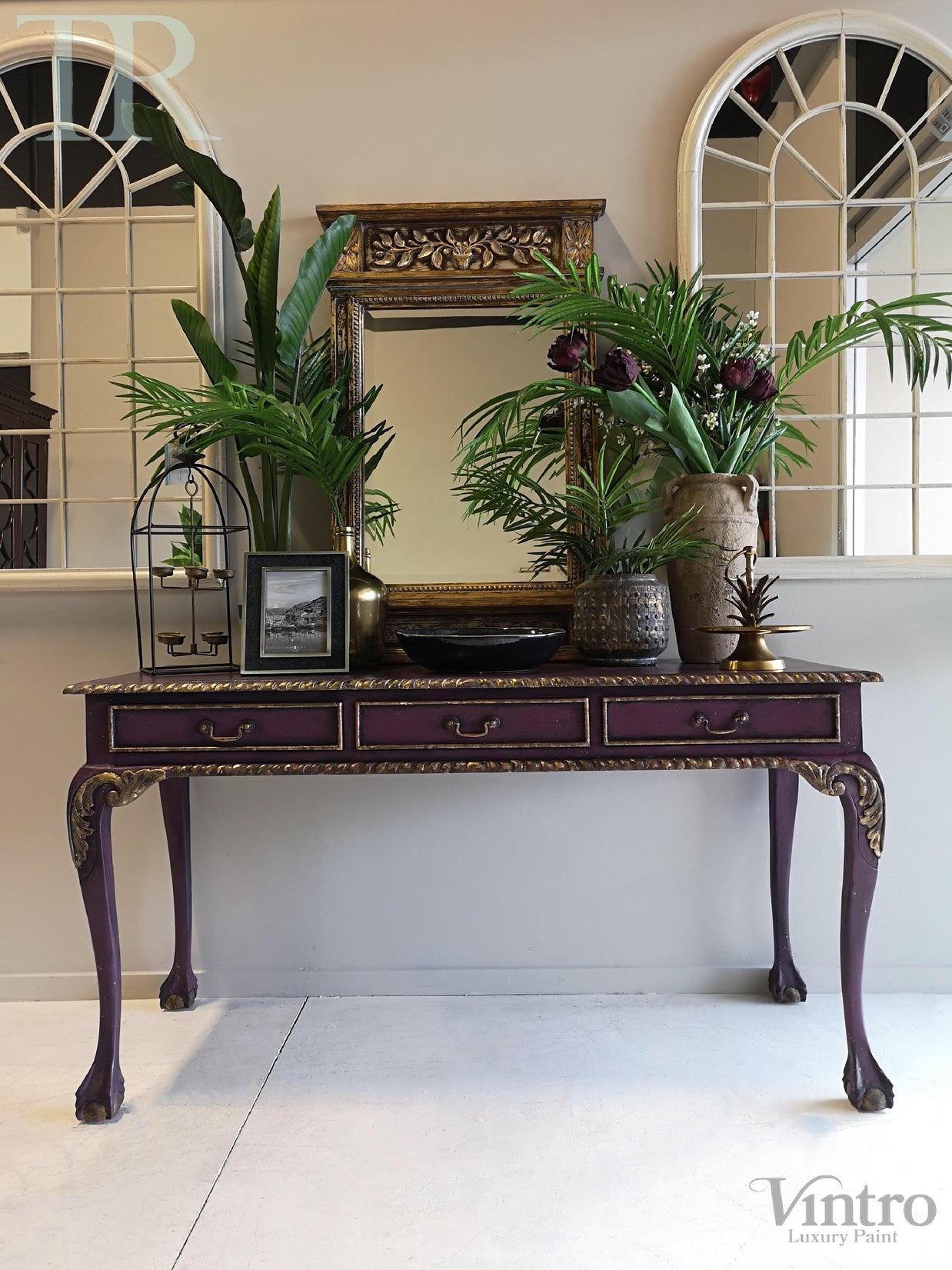 Not For Sale - Amira, Hall / Sofa Table or desk in rich Old Mauve with distressed gold