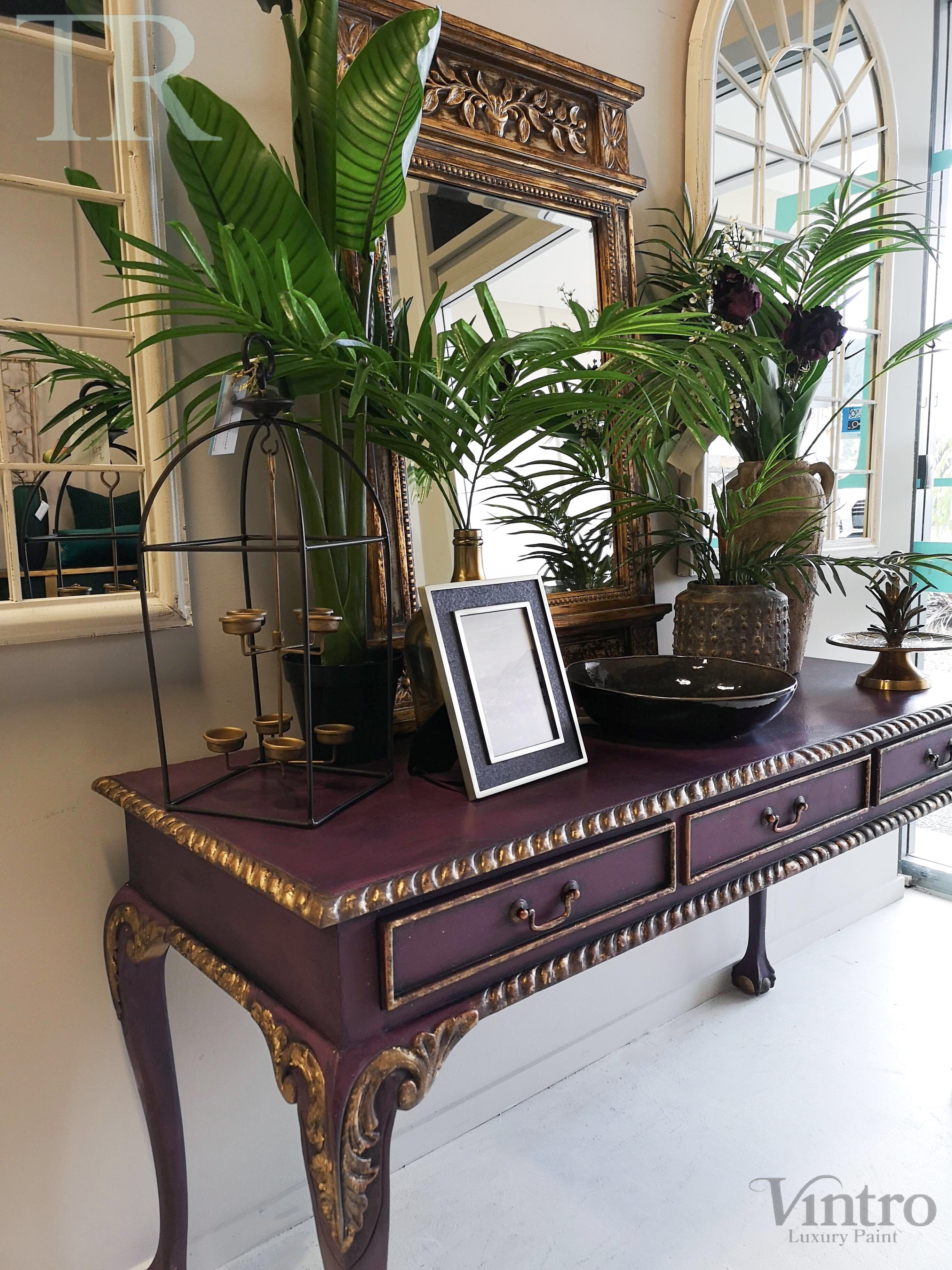 Not For Sale - Amira, Hall / Sofa Table or desk in rich Old Mauve with distressed gold