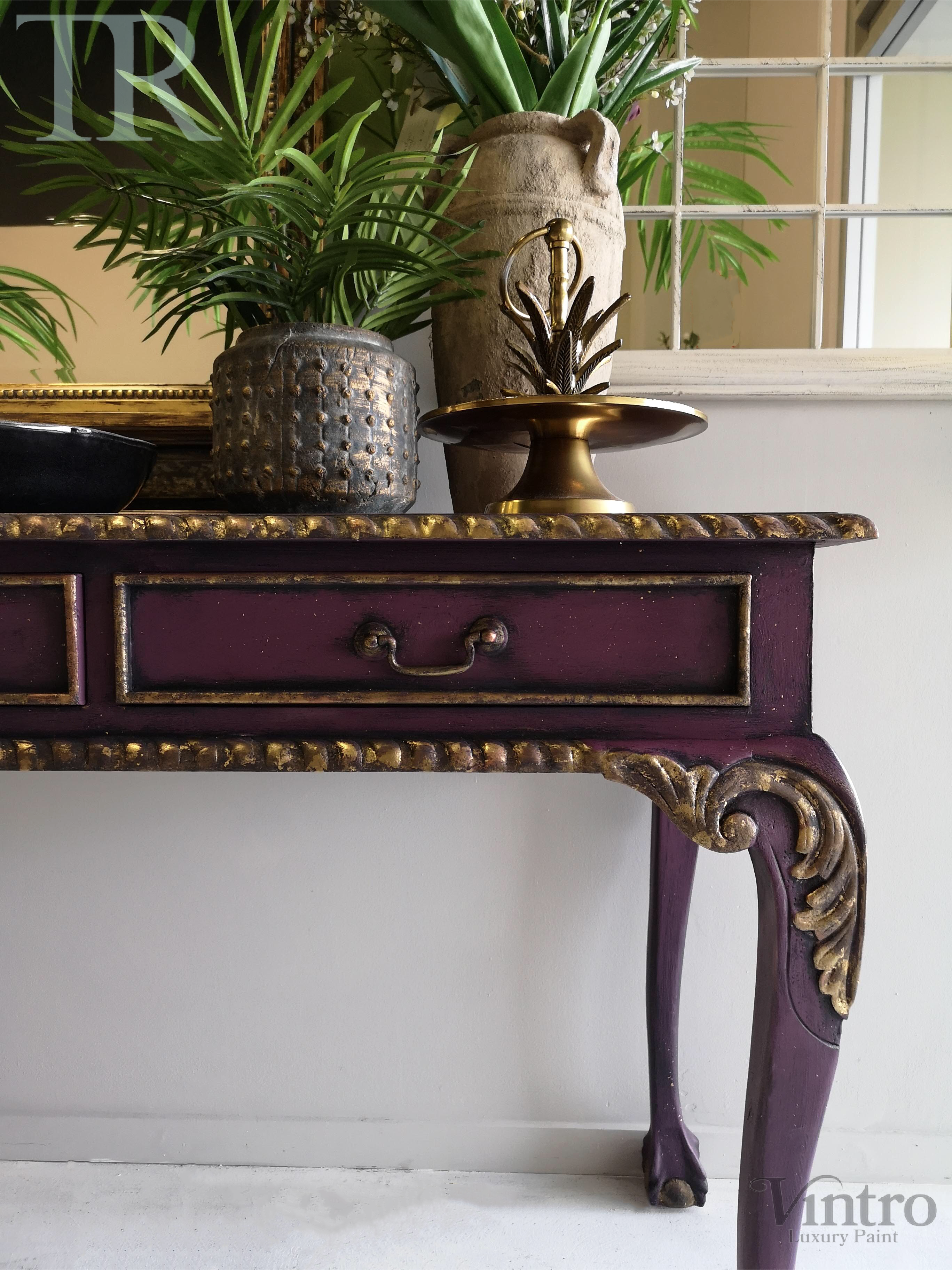 Not For Sale - Amira, Hall / Sofa Table or desk in rich Old Mauve with distressed gold
