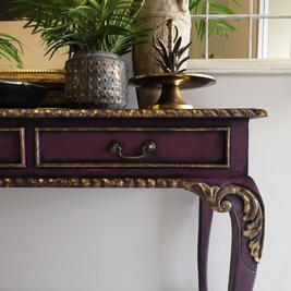 Not For Sale - Amira, Hall / Sofa Table or desk in rich Old Mauve with distressed gold