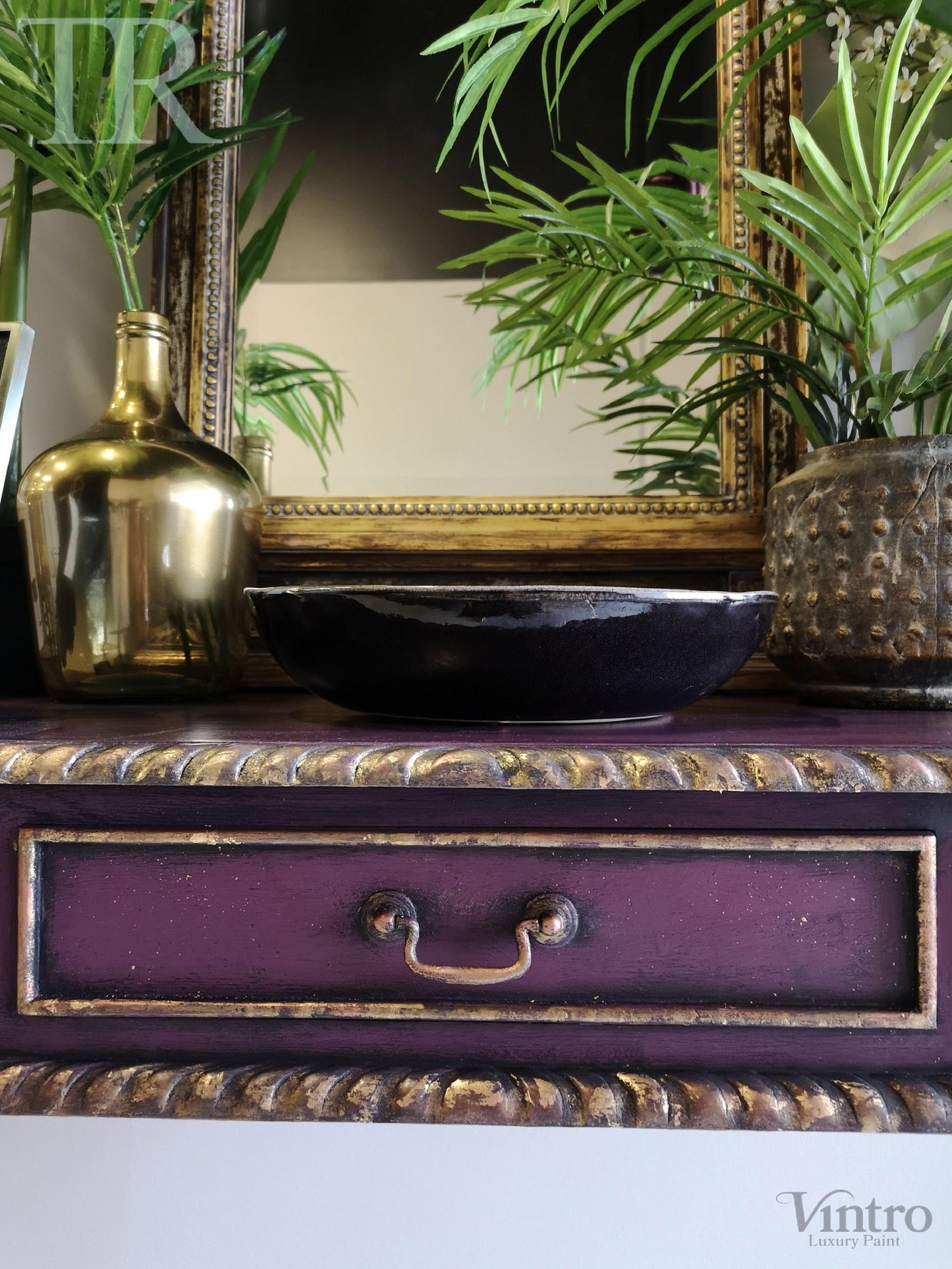 Not For Sale - Amira, Hall / Sofa Table or desk in rich Old Mauve with distressed gold