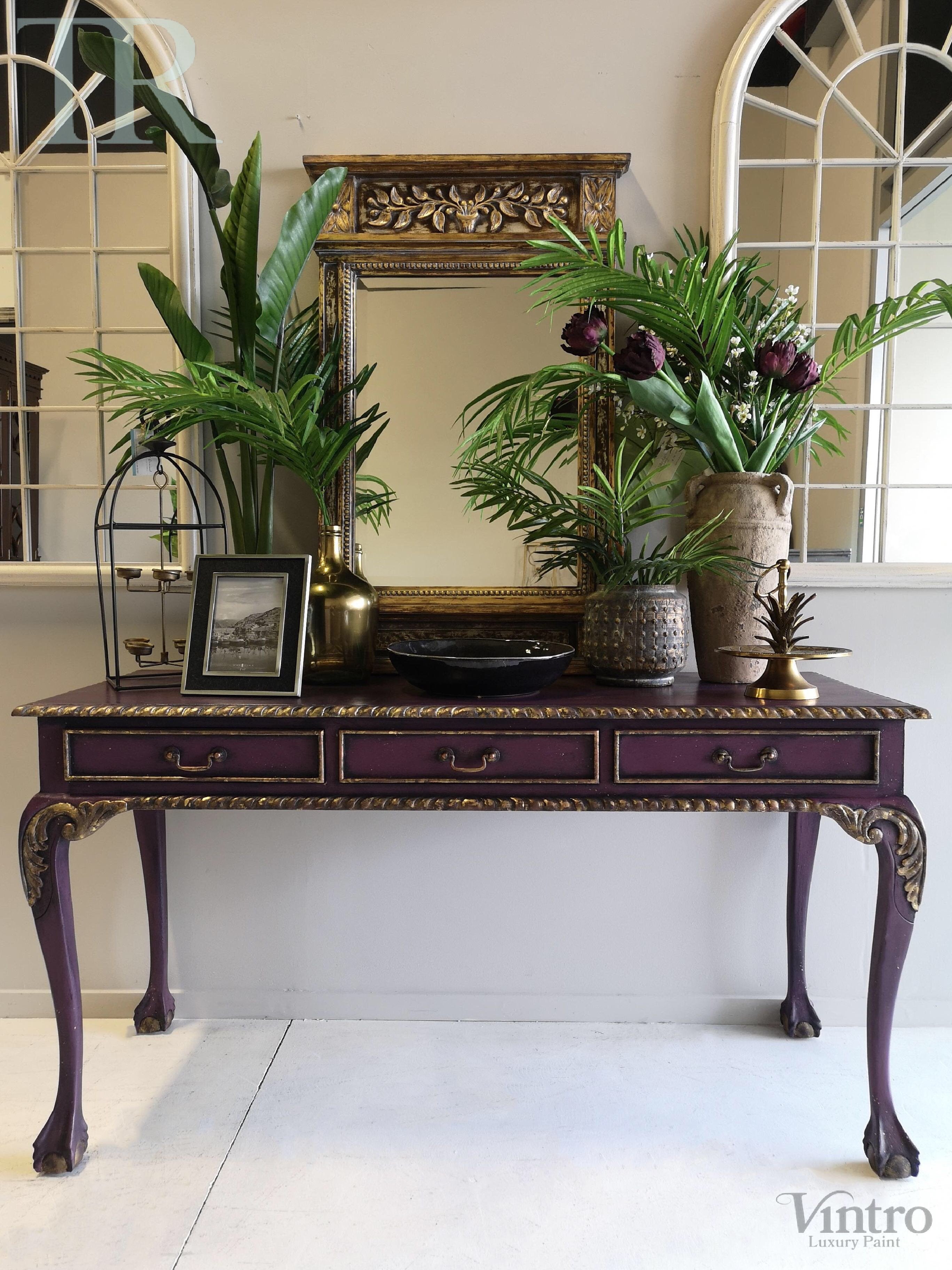 Not For Sale - Amira, Hall / Sofa Table or desk in rich Old Mauve with distressed gold
