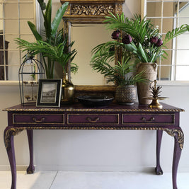 Not For Sale - Amira, Hall / Sofa Table or desk in rich Old Mauve with distressed gold