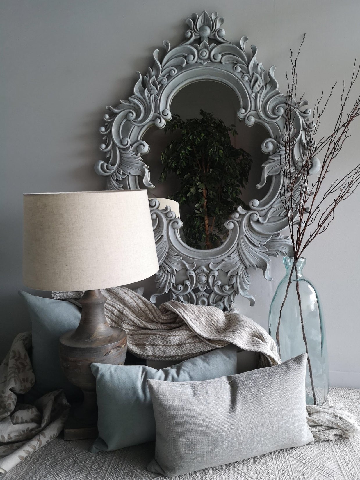 Not For Sale - Giselle: Carved Solid Wood mirror in soft blues.