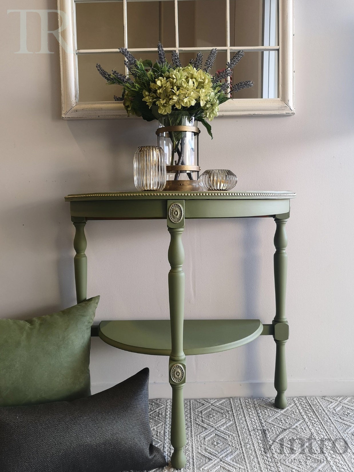 Not For Sale - Annalise: Half round table with a metallic top finish