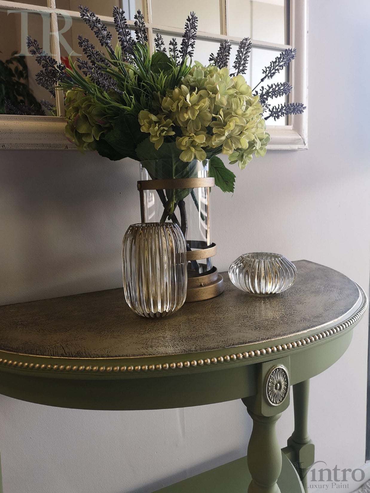 Not For Sale - Annalise: Half round table with a metallic top finish