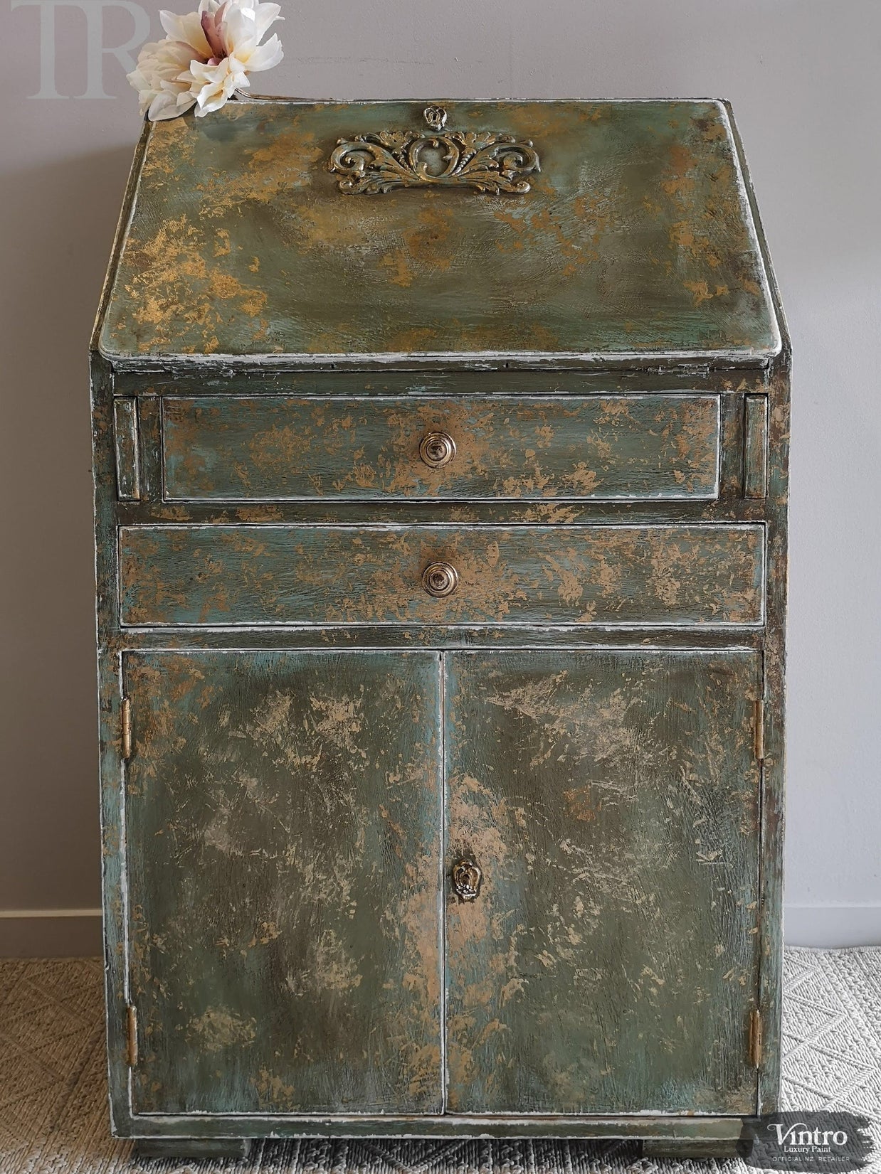 Not For Sale - Briar:  Hand painted and aged drop front desk in Solid Oak