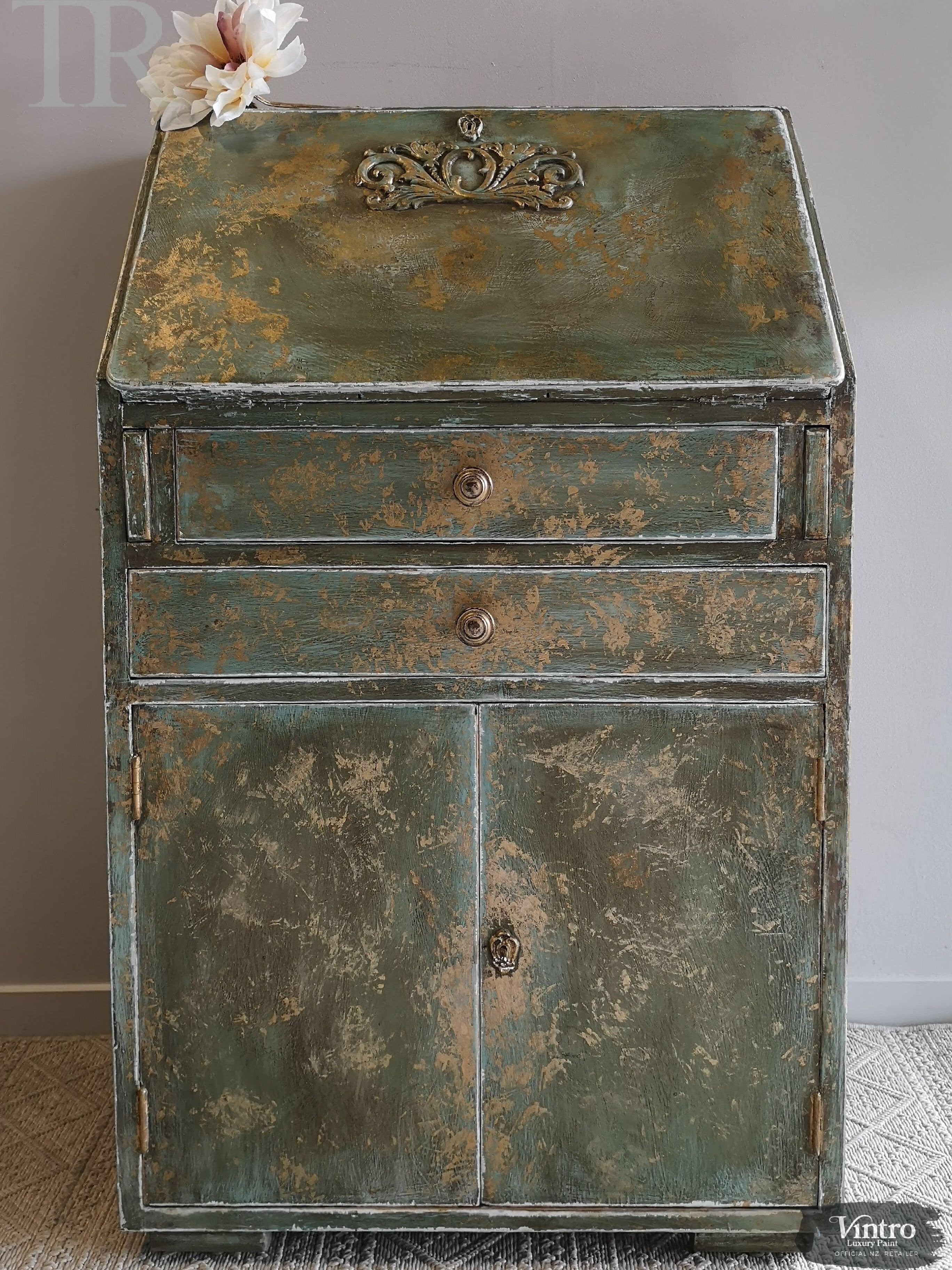 Not For Sale - Briar:  Hand painted and aged drop front desk in Solid Oak