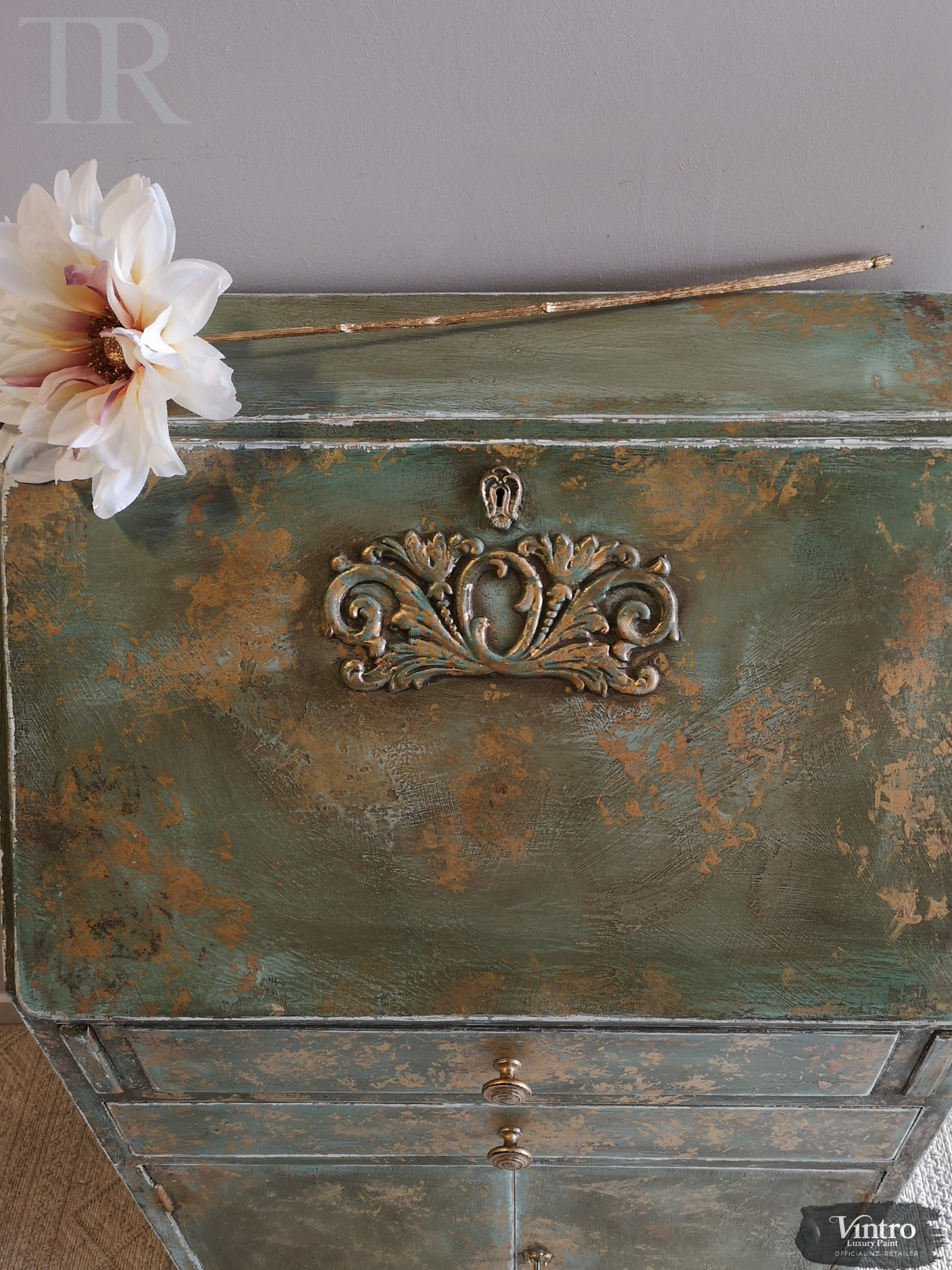 Not For Sale - Briar:  Hand painted and aged drop front desk in Solid Oak