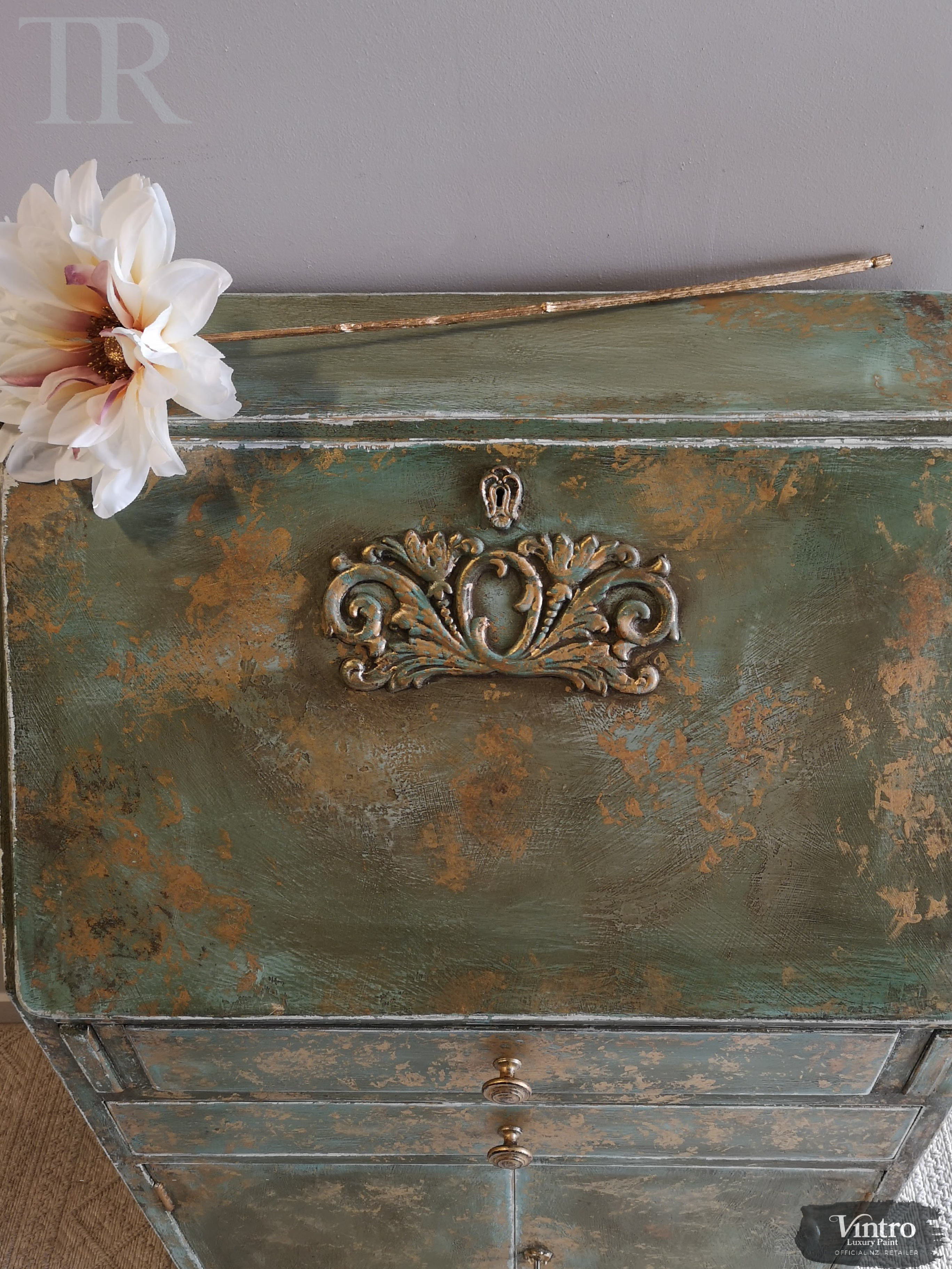 Not For Sale - Briar:  Hand painted and aged drop front desk in Solid Oak