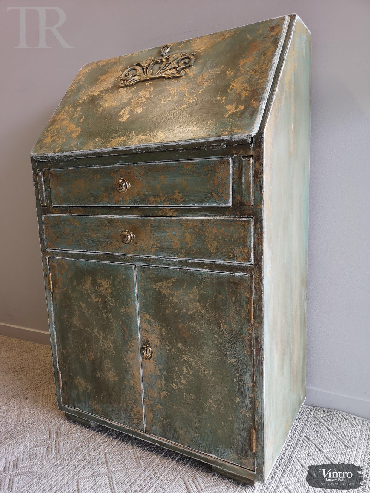 Not For Sale - Briar:  Hand painted and aged drop front desk in Solid Oak