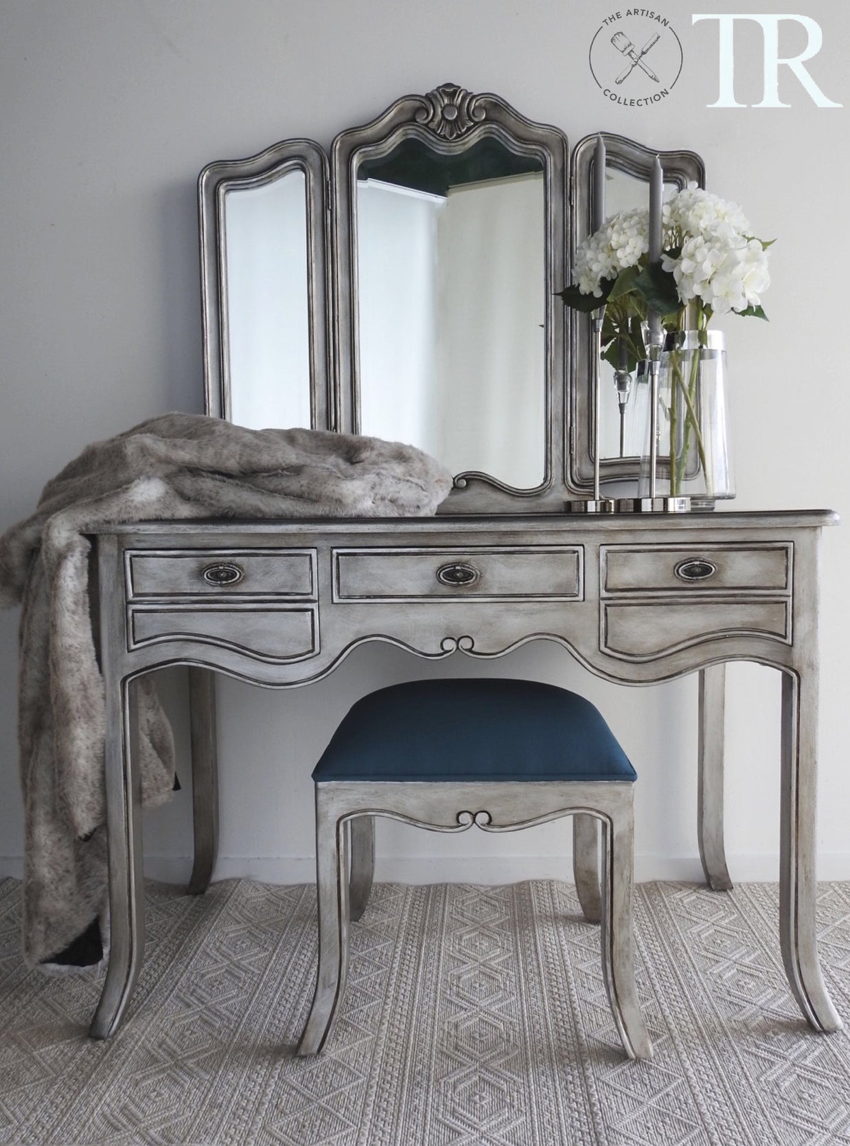 Not For Sale - Eliza: Aged Metallic wing back mirror dressing table with Stool